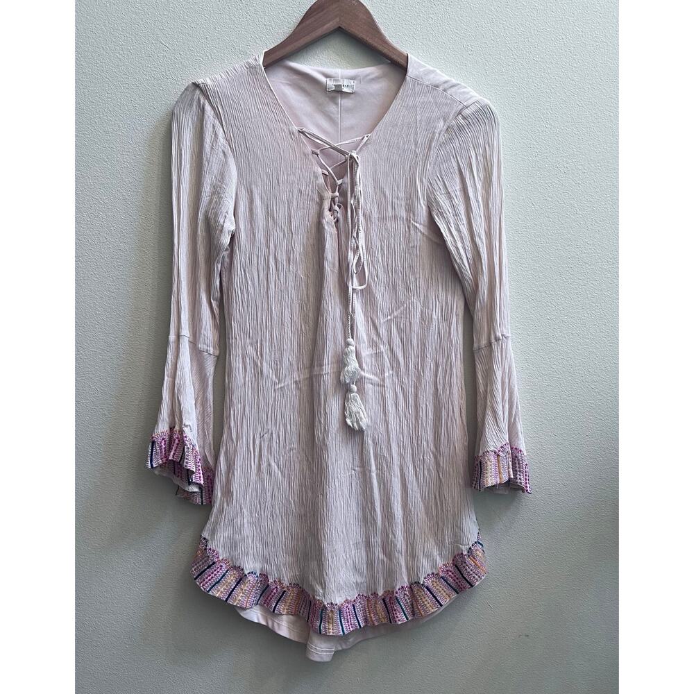 Tea & Cup Boho Embroidery Bell Sleeves Blouse Cream Pink Women's Tops Size Small